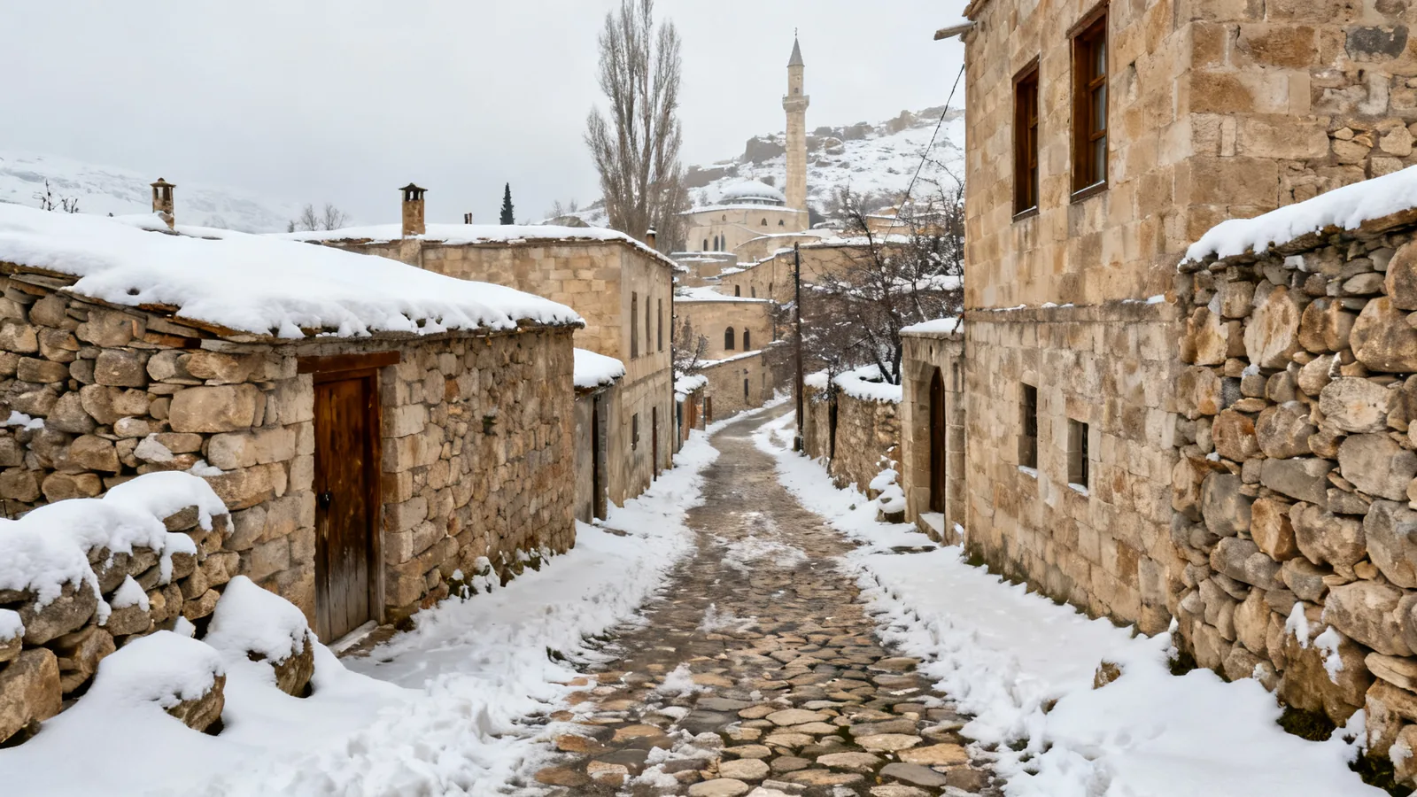 Generic winter travel scene in central Anatolia, not a current weather forecast