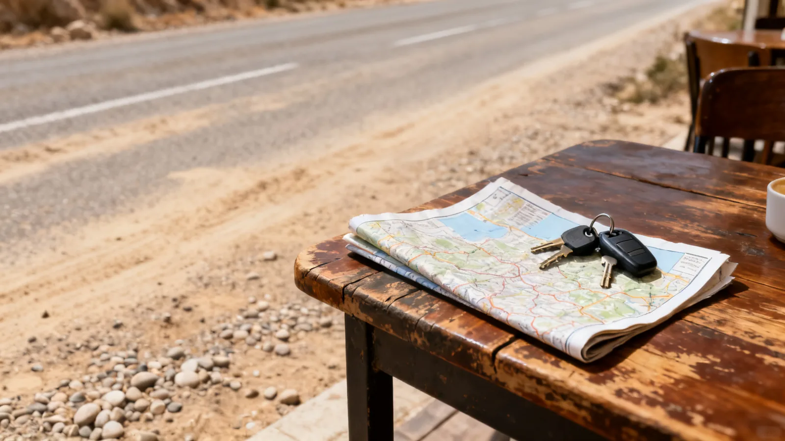 A folded map and car keys on a cafe table beside a rural road