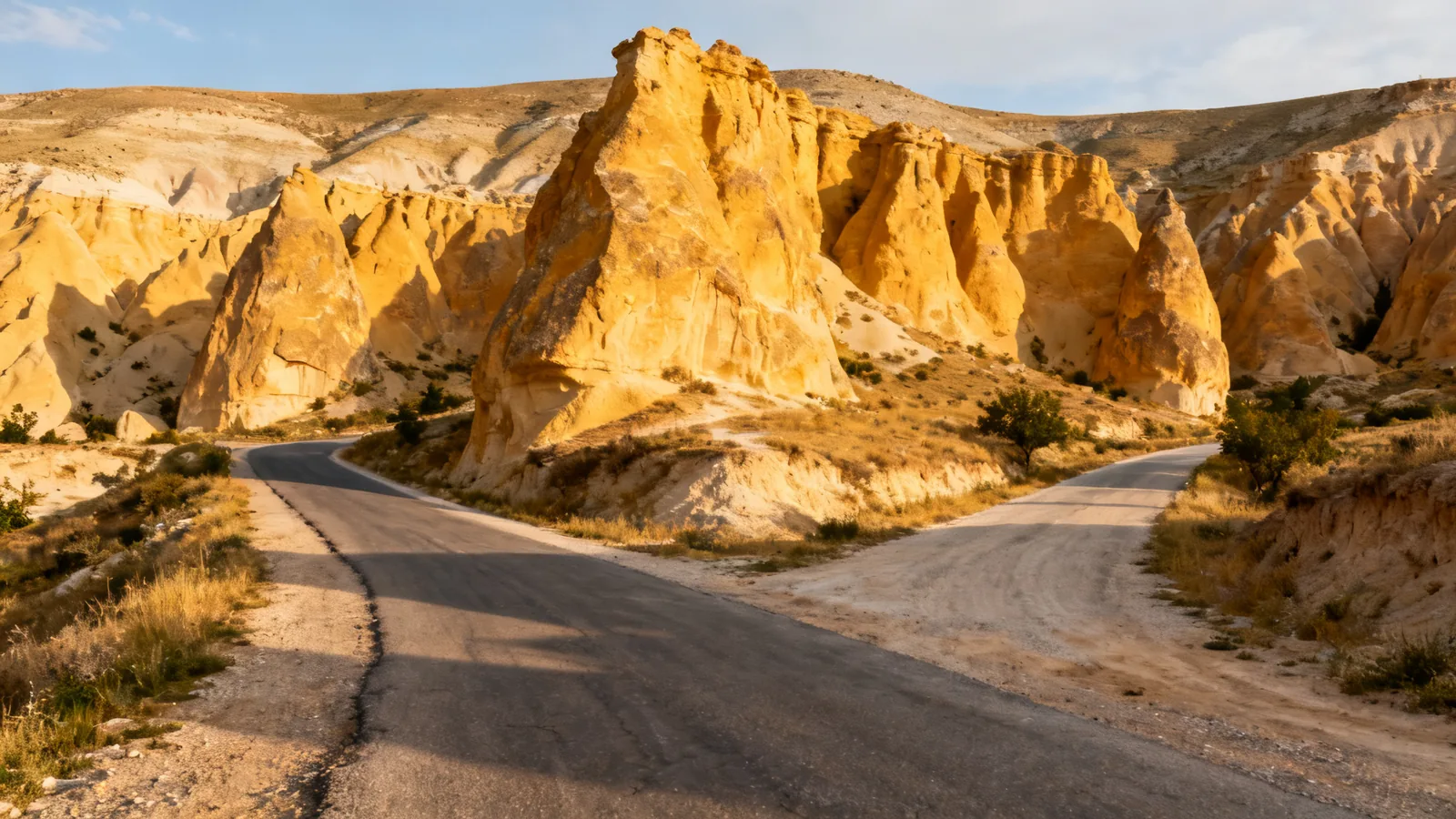 Two rural roads meeting beside ochre volcanic hills