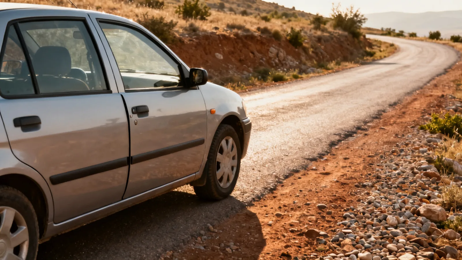 A parked passenger car on a rural Anatolian roadside