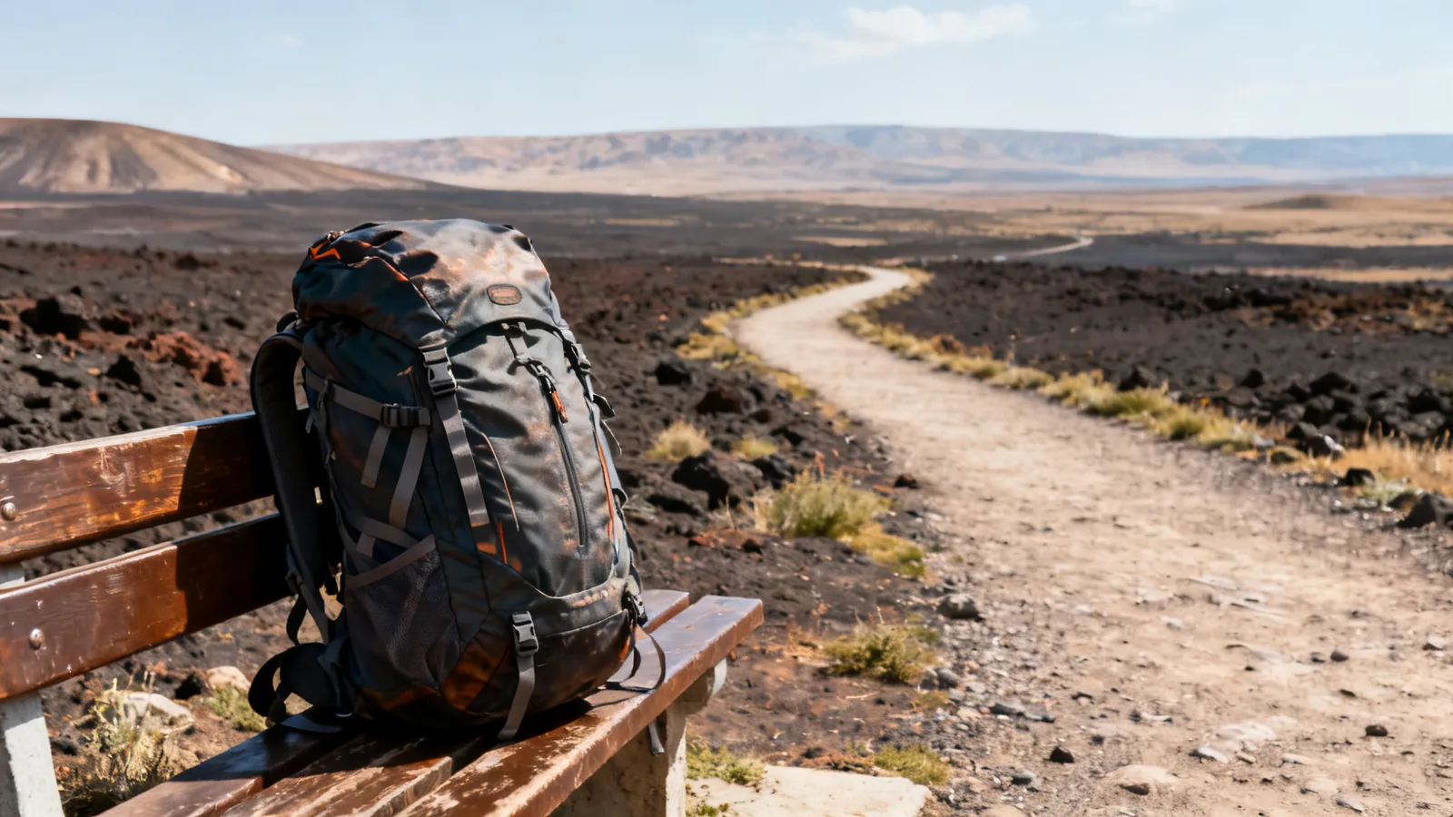 A canvas daypack on a bench beside a volcanic plateau path