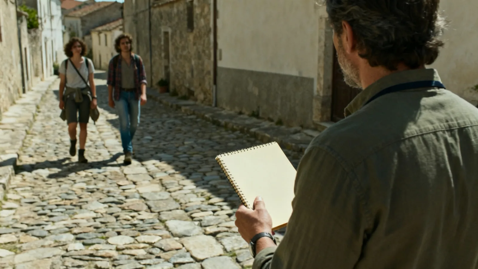A guide from behind beside distant travellers on a stone village street
