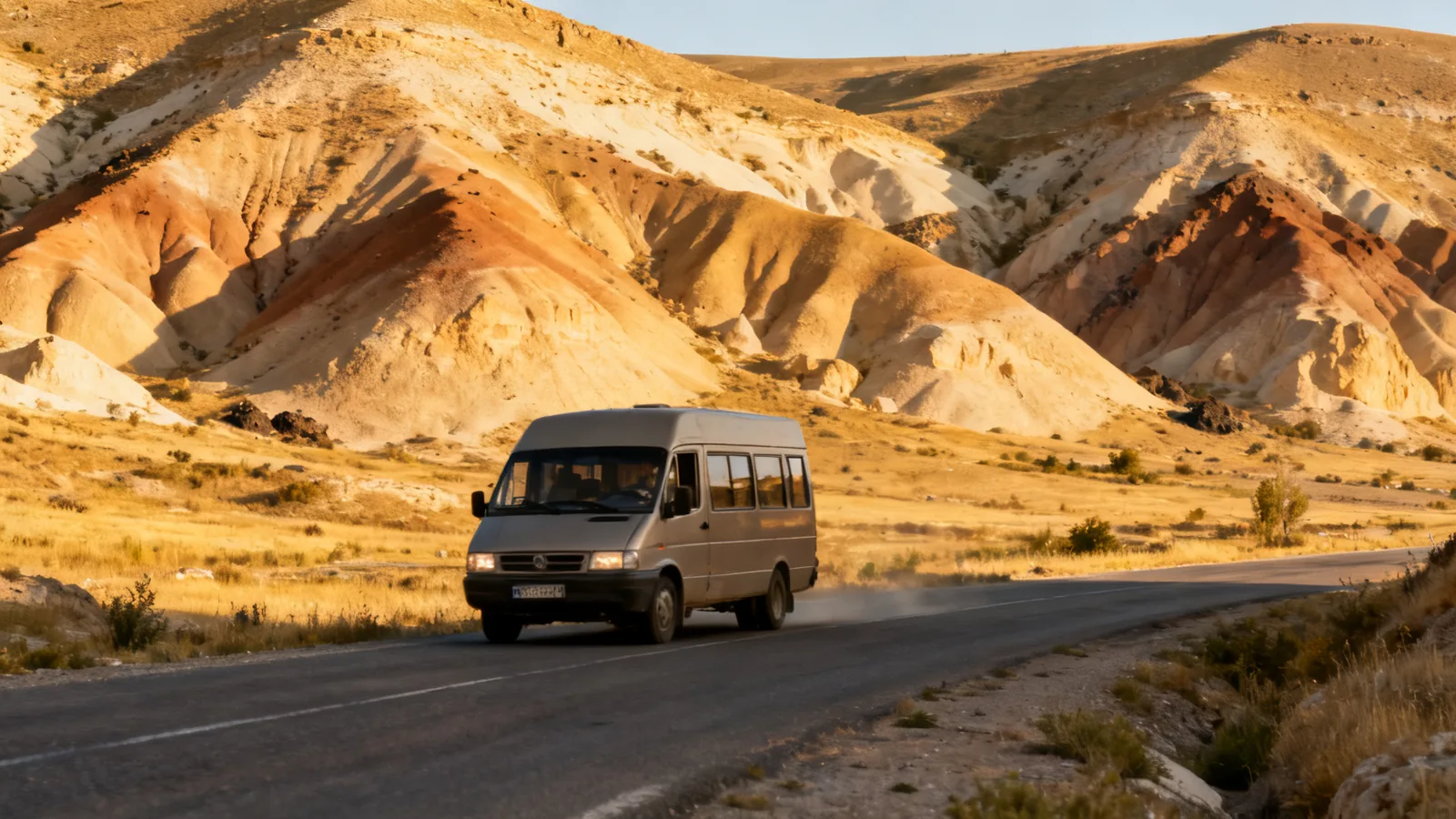 An unbranded minibus on a rural road among volcanic hills