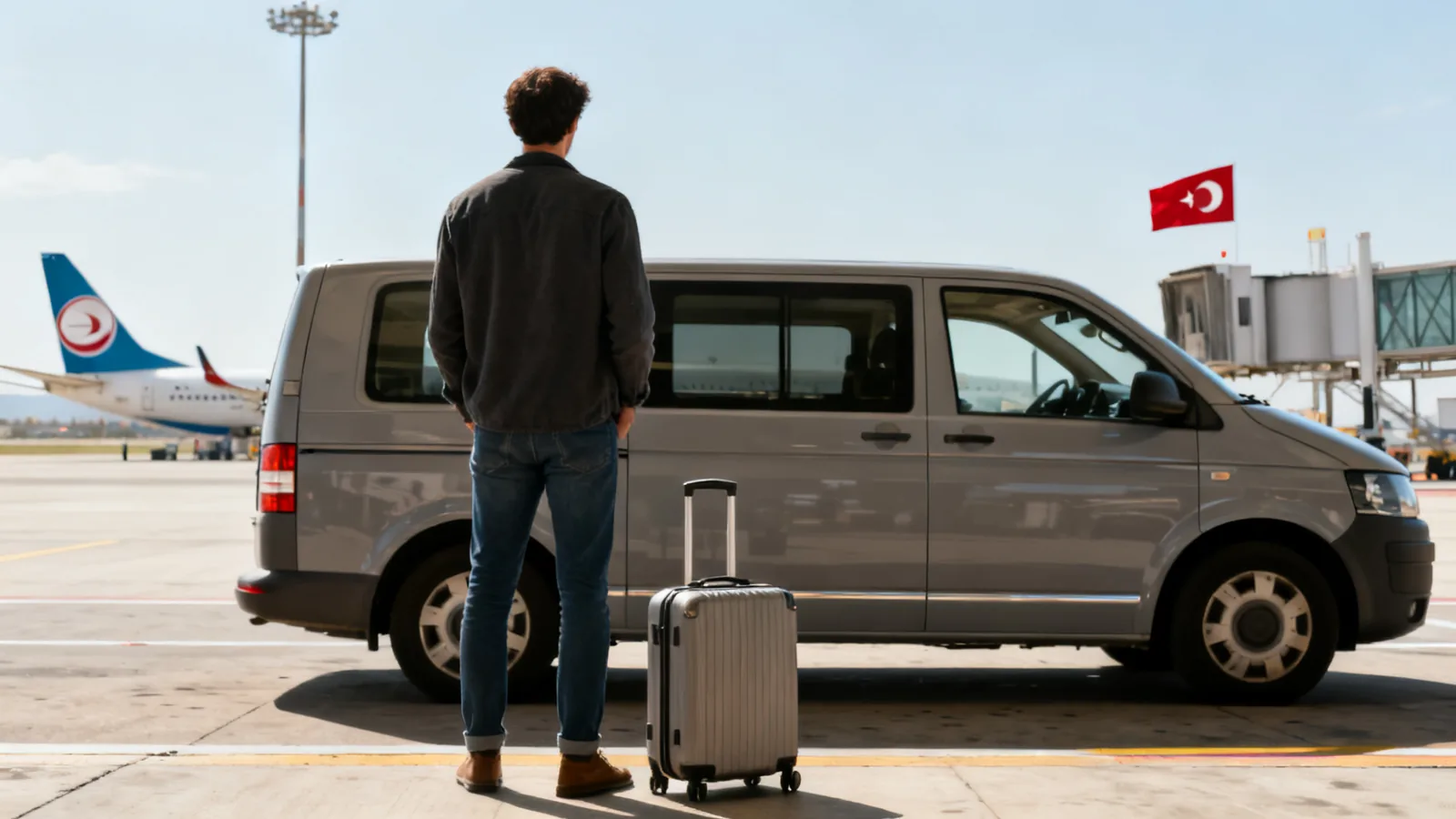A traveller from behind beside an unbranded minibus at a small airport